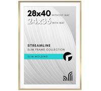 Americanflat 28x40 Poster Frame With Polished Plexiglass - Use as 24x36 With Mat or 28x40 Without Mat - Streamline Collection - Thin Photo Display for Wall - Gold