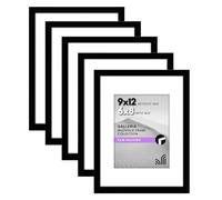 Americanflat 9x12 Picture Frame in Black - Displays 6x8 With Mat and 9x12 Without Mat - Set of 5 Frames with Sawtooth Hanging Hardware For Horizontal and Vertical Display