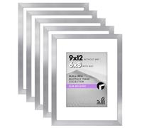 Americanflat 9x12 Picture Frame With Polished Plexiglass - Set of 5 - Use as 6x8 With Mat or 9x12 Without Mat - Galleria Collection - Gallery Wall Set for Wall Display - Silver