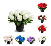 AMERISE 25 cm Artificial Grave Flower Pot - 12-Head Ivory Rosebud & Gypsophila Cemetery Memorial Pot for Outdoor Headstones, UV-Resistant Faux Funeral Flowers, Grave Decoration for Christmas