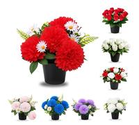 AMERISE 25cm Red Artificial Grave Flowers in Pot - Weatherproof Chrysanthemums for Cemetery & Funeral Memorials | Outdoor Plastic Flower Pot for Graveside Decorations UK