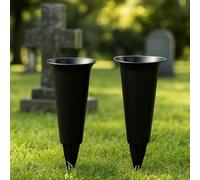 Amerise Pack of 2 Grave Vases with Spike - Weather-Resistant Black Memorial Flower Holders for Graveside, Cemetery Vases for Fresh or Artificial Flowers, Durable Plastic with Grid Inserts (Plain)
