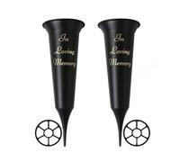 Amerise Set of 2 In Loving Memory Grave Vases with Spike - Strong Black Plastic Memorial Flower Holders, Grave Ornaments for Cemetery or Graveside, with Grid Inserts