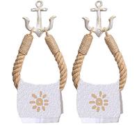 Amerla 2 Pcs Nautical Rope Toilet Paper Holder Wall-Mounted Towel Ring Nautical Toilet Paper Holder with Metal Hooks Coastal Towel Rack Natural Antique Rope (White+White)