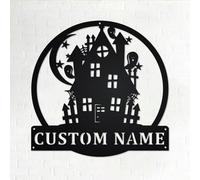Amerliga Haunted House Metal Wall Art with LED Light, Personalised Halloween House Name Sign, Black Metal Wall Mount Decor, 23 cm