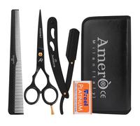 Amero Professional Barber Kit - Hair Cutting Scissors Set with Jaguar Pattern Scissor, Straight Edge Razor & Fine Tooth Comb - Hairdressing Kit for Men, Salon & Home Use