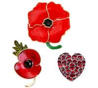 Amersis 3pcs Remembrance Poppy Lapel Pins (Red) - Handcrafted Pewter Lapel Pins For Veteran Day, 1.5“ Gifts for Women Mom Stepmother Grandma, Universal, Brass, no gemstone