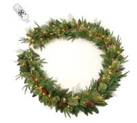 AMERZEST 9FT Prelit Artificial Christmas Garland with Dual Color LED Lights and Timer by Remote Control and Batteries Operated for Mantle Stairs Fireplace Door Xmas Decoration, Indoor Outdoor, Green
