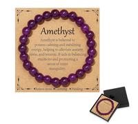 Amethyst Bracelet, 8mm Natural Healing Crystals Bracelet, Durable Stretch Bead Bracelet with Greeting Card & Gift Box, Crystal Beaded Bracelets for Women, Calming Womens Bracelet for Daily Wear