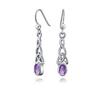 Amethyst Celtic Irish Love Knot Work Purple Oval Bezel Set Fish Hook Dangle Earrings .925 Sterling Silver