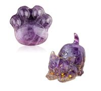 Amethyst Crystals Cat Healing Stones, Purple Sleeping Cat & Paw Ornament Figurine Set, Animal Statues Cute Cat Crystals Healing Worry Stones Stress Relief Christmas Memorial Gifts for Women