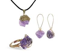 Amethyst Energy Set 1Pcs Natural Amethyst Ring Wire Wrapped Adjustable Ring 1Pcs Natural Amethyst Crystal Necklace with Black Cord and 1Pcs Amethyst Earrings