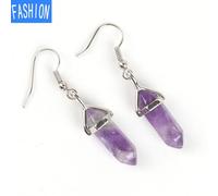 (amethyst) European And American Popular Classic Earrings Natural Crystal Semi Gem Pendant In Hexagonal Prism Bullet Head Earrings