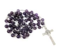 Amethyst Gemstone Rosary Beads 8mm Necklace with Silver Cross Pendant - Includes JRose Velvet Gift Bag - Handcrafted Prayer Beads for Devotion and Healing