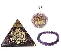Amethyst Orgone Crystal Pyramid and Necklace Seven Chakra Metatron Cube Merkaba | Natural Stone Bracelet | E Protection Kit Reiki Spiritual Healing Positive Energy Generator Yoga Meditation