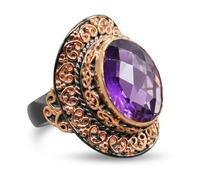 Amethyst Oval Faceted Gemstone Ring 925 Sterling Silver Black Rhodium Rose Gold Plated Bezel Set Statement Cocktail Jewelry for Women