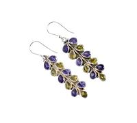 Amethyst & Peridot Earrings 5x3mm Round Faceted Cabochons 925 Silver Dangle Earrings Purple & Green Gemstone Drop Gift for Women