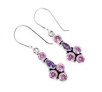 Amethyst Pink Quartz Earrings 4mm Round 5x3mm Marquise Faceted 925 Sterling Silver Dangle Earrings Purple Pink Gem Jewelry Delicate Handmade Gift for Her Romantic Style