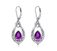 Amethyst Purple Earrings 925 Sterling Silver Celtic Knot Oxidized Vintage Dangle Drop Leverback Earrings with Simulated February Birthstone Birthday Earrings Gifts for Women