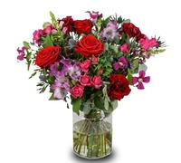 Amethyst Royale Luxury Bouquet - Bold Red Roses, Burgundy Carnations & Purple Alstroemeria with Lush Foliage - Perfect Floral Gift for Birthdays & Romantic Occasions -