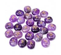 Amethyst Rune Stones Set of 25 - Natural Tumbled Crystal with Gold Elder Futhark Engraved Runes for Divination, Meditation, Reiki, Wicca & Spiritual Guidance