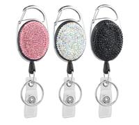 Amexo 3-Piece Retractable Keychain Lanyard Badge Holder with Rhinestones for Office Worker Teacher Doctor (Black, White, Pink)