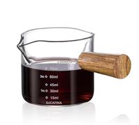 Amexo Espresso Measuring Cup with Wood Handle 75ml, Double Spout Glass Espresso Coffee Cup with Dual Scale, Triple Pitcher Milk Cup, Clear Glass Espresso Accessories for Home, Office and Café