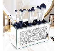 Amezey Crystal Crushed Diamond Silver Makeup Brush Holder Organizer, 3 Slot Mirrored Cosmetics Brushes Storage Case, Cute Pen and Pencil Glass Holder for Desk, Eyeliners Display Case for Vanity