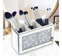 Amezey Mirrored Makeup Brush Holder Organizer, 3 Compartments Cosmetic Brush Storage Holders, Crushed Diamond Remote control holder, Pen and Pencil Holder for Desk, Eyeliners Display Case for Vanity