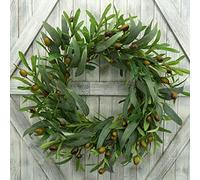 AMF0RESJ 20 Inch Artificial Green Olive Wreath with Olive Leaves and Beans for Spring, Wedding, Festival Occasions, Indoor/Outdoor Use, White Gift Box Included
