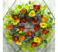 AMF0RESJ 22” Artificial Spring Wreath for Front Door Summer Wreath with Colorful Poppy Flower,Rose Leaves,Tea Leaves for Front Door Indoor Outdoor Farmhouse Home Wall Window Festival Wedding Decor