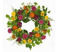 AMF0RESJ Artificial Spring Wreath Daisy Wreath with Pansy,Yellow Morning Glory for Front Door Indoor Outdoor Wall Porch Farmhouse Home Decor, White Gift Box Included