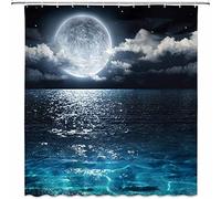 AMFD Moon Shower Curtain Full Moon Over Sea Ocean Clouds Planet Star Sky Dreamy Night Scene Black Navy Bathroom Curtains Decor Polyester Fabric 70 x 70 Inches Include Hooks