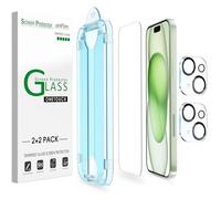 amFilm OneTouch for iPhone 15 Plus Screen Protector 6.7" Tempered Glass | Auto-Alignment, 30s Install, Bubble Free, Scratch & Drop Protection, HD Clear, Camera Lens Protector[2+2 Pack] (15-6.7'')