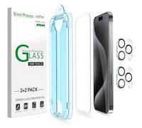 amFilm OneTouch for iPhone 15 Pro Screen Protector 6.1" Tempered Glass | Auto-Alignment, 30s Install, Bubble Free, Scratch & Drop Protection, HD Clear, Camera Lens Protector[2+2 Pack] (15P-6.1'')