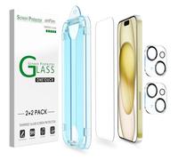 amFilm OneTouch for iPhone 15 Screen Protector 6.1" Tempered Glass | Auto-Alignment, 30s Install, Bubble Free, Scratch & Drop Protection, HD Clear, Camera Lens Protector[2+2 Pack] (15-6.1'')