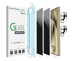 amFilm OneTouch Privacy Screen Protector for Samsung Galaxy S24 Ultra 6.8'' + Camera Lens Protector, Tempered Glass, 30 Seconds Auto-Alignment Tech [2+2 Pack]