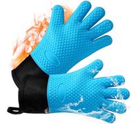 AMFUN 1 Pair Silicone Oven Gloves Heat Resistant 464°F, Extra Long Non-Slip Oven Mitts,Silicone BBQ Gloves with Fingers, Waterproof Kitchen Gloves for Barbecue Grilling Weber Pizza Microwave-Blue