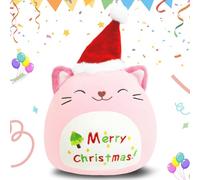 AMFUN 10" Merry Christmas Stuffed Animal Plush Pillow,Cute Cat Plush Toy with Santa Hat, Cat Soft Toys for Kids Toddlers-25CM