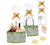 AMFUN 2-Pack Empty Bamboo Woven Hamper Baskets, Large Sturdy Gift Basket Kit with Handles, Cellophane Bags, Bows, Cards & Shredded Paper for Christmas Birthday (Red)