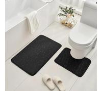 AMFUN 2 Piece Bath Mat Set, Memory Foam Pebble Stone Bath Mat Set, Soft & Comfortable Non Slip Soft Pedestal and Bath Rug, Super Water Absorption for Home & Bathroom Floors-Black