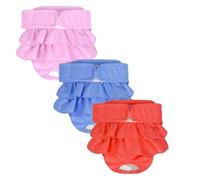 AMFUN 3 Pack Washable Dog Diapers Female, Washable and Reusable dog diapers, Pet Soft Dogs Nappies, Female Dogs Diaper for Heat Cycle, Incontinence, Girl Dog Diapers Dress -Blue/Pink/Red (M)