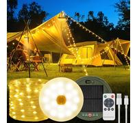 AMFUN 39FT/12M 120LED String Lights, Solar Camping String Lights Reel, USB Rechargeable, Waterproof, Retractable Camping String Lights for Outdoor, Indoor, Home, Patio, RV, Garden, Warm White