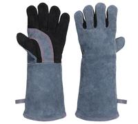 AMFUN 572℉/300℃ Leather BBQ Gloves, 35CM Fireplace Gloves, Heat Resistant Fire Resistant Oven Gloves for Baking, Barbecue, Oven, Welding, Animal Playing (Black-Grey)