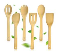 AMFUN 6 Pcs Wooden Utensil Set,Wooden Spoon Cooking Utensils Set for Cooking, Baking,Premium Long Wood Spatulas,Non-Scratch, Heat Resistant,Slotted Wood Bamboo Spoons