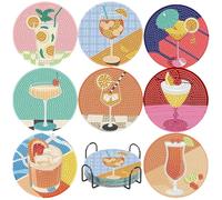 AMFUN 8 PCS Cocktail Diamond Art Coasters Kits with Holder, DIY Full Round Drill Diamond Art Coasters for Adults Beginners