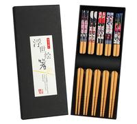AMFUN Bamboo Chopsticks,5 Pairs Natural Bamboo Chopsticks with Fortune Cat Print, Reusable Chopstick Gift Set for Sushi Noodles Rice