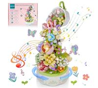 AMFUN Flowers Music Box Building Set with Light, 575PCS Botanical Collection Rotating Music Box Building Blocks,DIY Plant Bouquet for Birthday, Valentine's Day, Kids Girls Gift Ages 6-12+