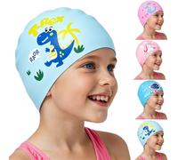 AMFUN Kids Swimming Cap 4-12 Years, Dinosaur Cartoon Silicone Swim Cap, Waterproof Anti Slip Stretchable Ear Protection, Odour Free Chlorine Resistant Comfort Fit for Pool Beach Swimming