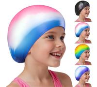 AMFUN Kids Swimming Cap 4-12 Years, Gradient Pink Blue Silicone Swim Cap, Waterproof Anti Slip Ear Protection, Odour Free Chlorine Resistant with Zipper Pouch for Pool Beach Training